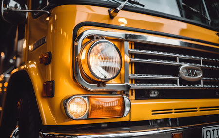 Close up of headlight of a yellow school bus, retro styleの素材