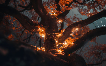 Lights on the branches of a tree in the autumn forest.の素材