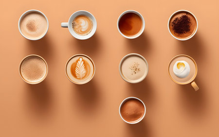 Coffee cups with latte art on color background, top viewの素材
