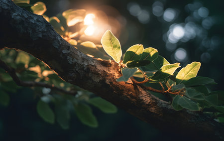 Close up of green leaves on tree branch with sunlight in the morning.の素材