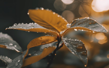 Leaves with dew drops in the morning. Natural background.の素材