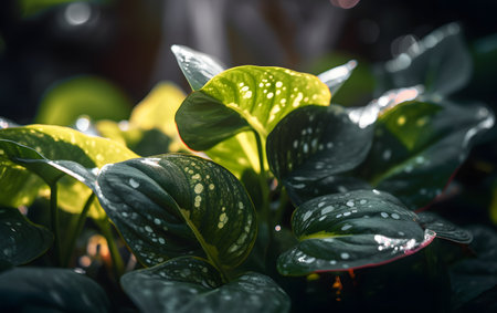 Close-up of green leaves with sunlight and bokeh backgroundの素材