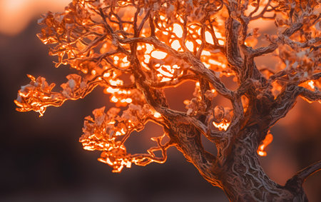 Sunset on a frozen tree in winter, close-up.の素材