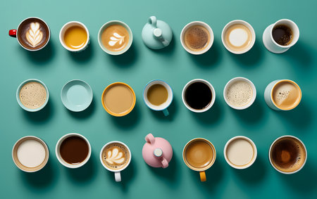 Coffee cups and teapot on green background, top viewの素材