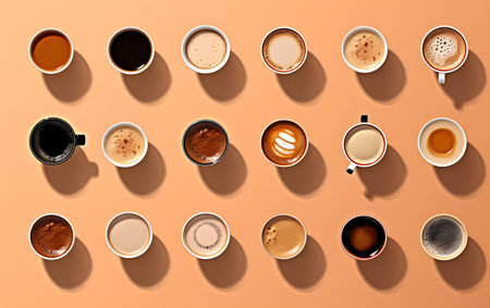 Coffee cups pattern on orange background. Flat lay, top viewの素材