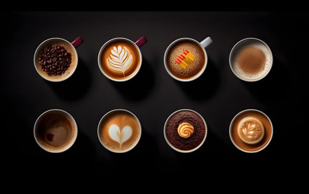 Coffee cups with latte art on black background, top viewの素材
