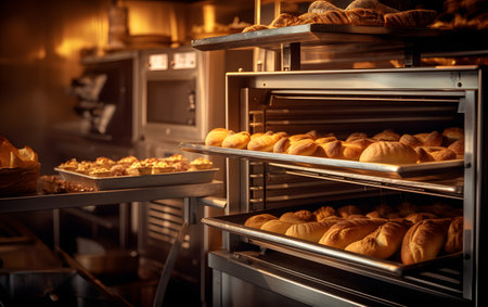 Bread in the oven on the background of the kitchen of a bakeryの素材