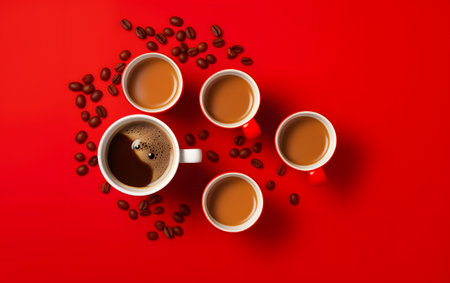 Coffee cups and coffee beans on red background. top viewの素材