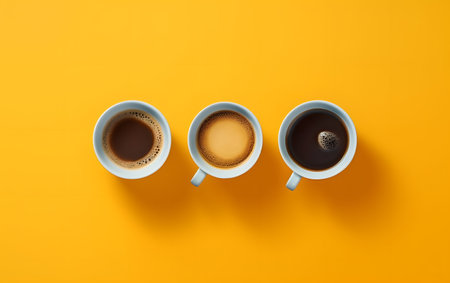 Coffee cups on yellow background. Flat lay, top viewの素材