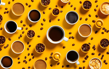 Coffee cups and beans on yellow background. Flat lay, top viewの素材