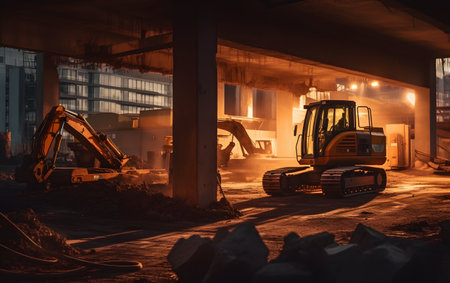 Construction site with excavators and heavy machinery at night, Moscow, Russiaの素材