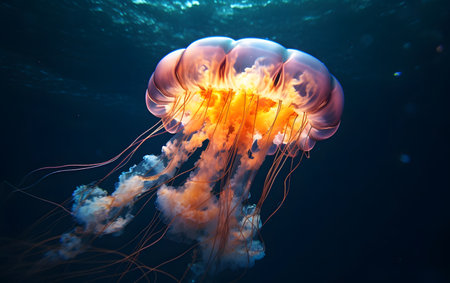 Jellyfish in the deep blue ocean. Jellyfish is a marine species of jellyfish.の素材
