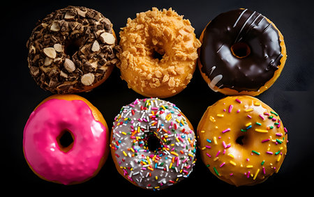 Group of assorted donuts with chocolate frosted, pink glazed and sprinkles donuts.の素材