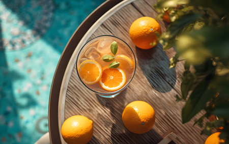 Glass of orange juice with ice cubes and fruits on table, top viewの素材
