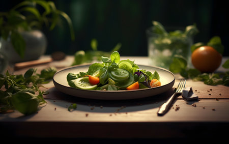 Fresh green salad with kiwi and basil on wooden table.の素材