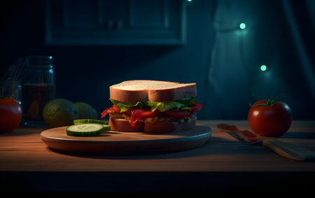 Delicious sandwich with fresh vegetables on wooden table in kitchen at nightの素材
