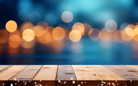 Wooden table with bokeh light background. Christmas background.の素材