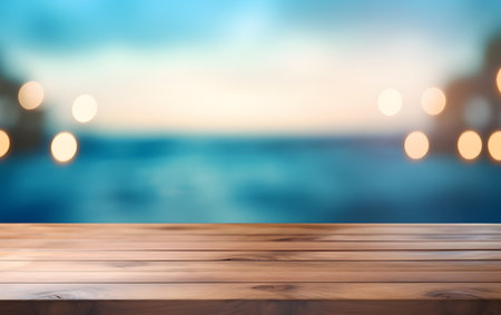 Wooden table top on blur background with bokeh image.の素材