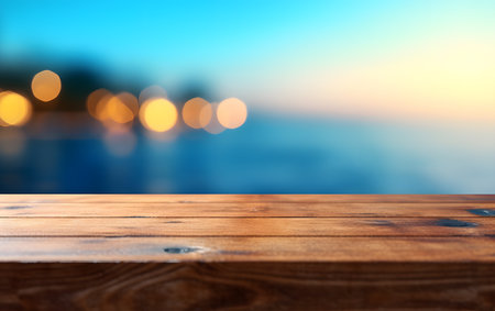 Wooden table top on blurred bokeh background - can be used for display or montage your productsの素材