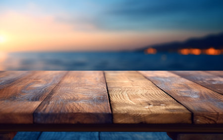 Empty wooden table for product display montages with sea and sunset backgroundの素材