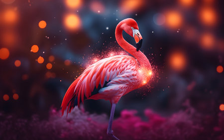Flamingo in the night forest. 3d render illustration.の素材