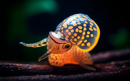 Beautiful snail in the aquarium. Close up of a snail.の素材
