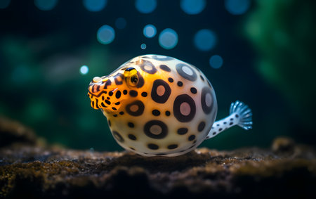 Colorful puffer fish in aquarium. Shallow depth of field.の素材