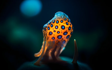 Close-up of an orange and blue spotted jellyfish in the aquariumの素材