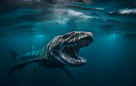 Great White Shark (Carcharodon carcharias) in blue oceanの素材