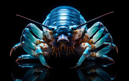Close-up of a blue crayfish on a black backgroundの素材