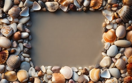 Frame of seashells and stones on the beach with copy spaceの素材