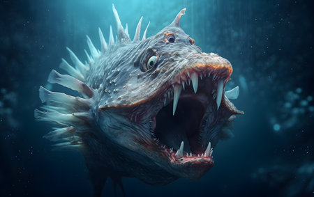 Angry big fish in dark water. Underwater world. 3d renderingの素材