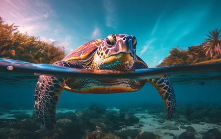 Hawaiian Green Sea Turtle (Chelonia mydas) swimming underwater in Hawaiiの素材