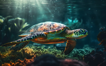 Green sea turtle swimming in the ocean. Underwater photo of sea animal.の素材