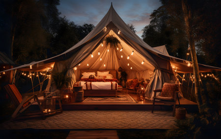 Beautiful old tent in the forest at night. Vintage-style.の素材