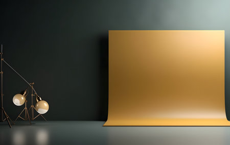 Empty room with yellow wall and lighting equipment. Mock-up, 3D Renderingの素材