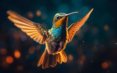 Hummingbird flying in the night sky. Wildlife scene from tropics.の素材
