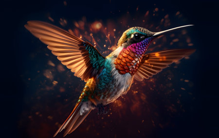 Hummingbird flying high in the air with fire in the backgroundの素材