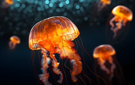 Jellyfish swimming in the ocean. 3D Rendering.の素材