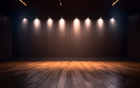 Empty room with wooden floor and spotlights. 3D Renderingの素材