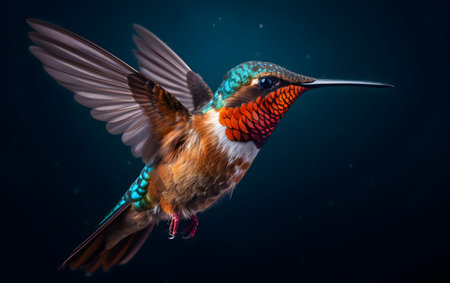 Beautiful colorful bird sitting on a branch in the dark night.の素材