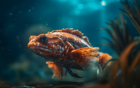 Closeup of a red piranha fish swimming in an aquariumの素材