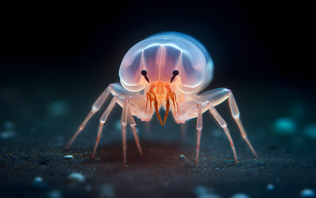 Close-up of a white flea on a black background.の素材