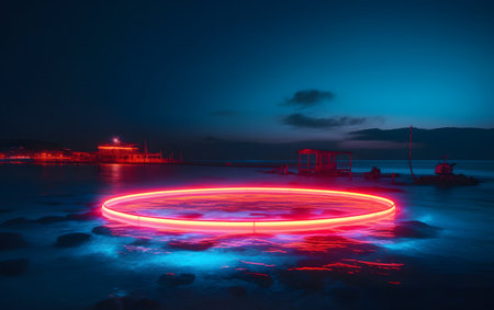 Neon circle on the beach at night. Long exposure photography.の素材