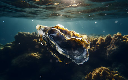 Oyster in the ocean. Underwater photo of sea life.の素材