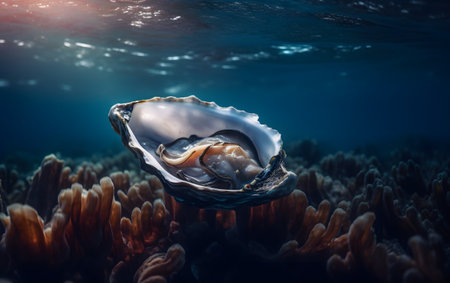 Oyster shell on coral reef. Underwater world. 3d renderingの素材