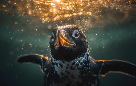 Penguin swimming in the water. Close-up portrait.の素材