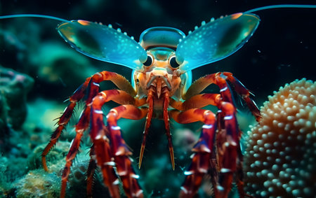 Close-up of a giant crab on a colorful coral reef.の素材