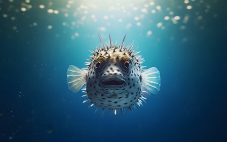 Pufferfish in the deep blue sea. 3D illustration.の素材