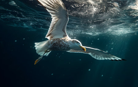 Seagull flying in the blue water of the Mediterranean Sea.の素材